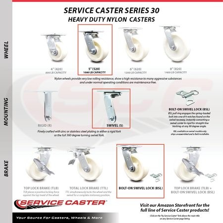 Service Caster 5 Inch Stainless Steel Nylon Swivel Caster Set with Roll Bearing and Swivel Lock SCC-SS30S520-NYR-BSL-4
